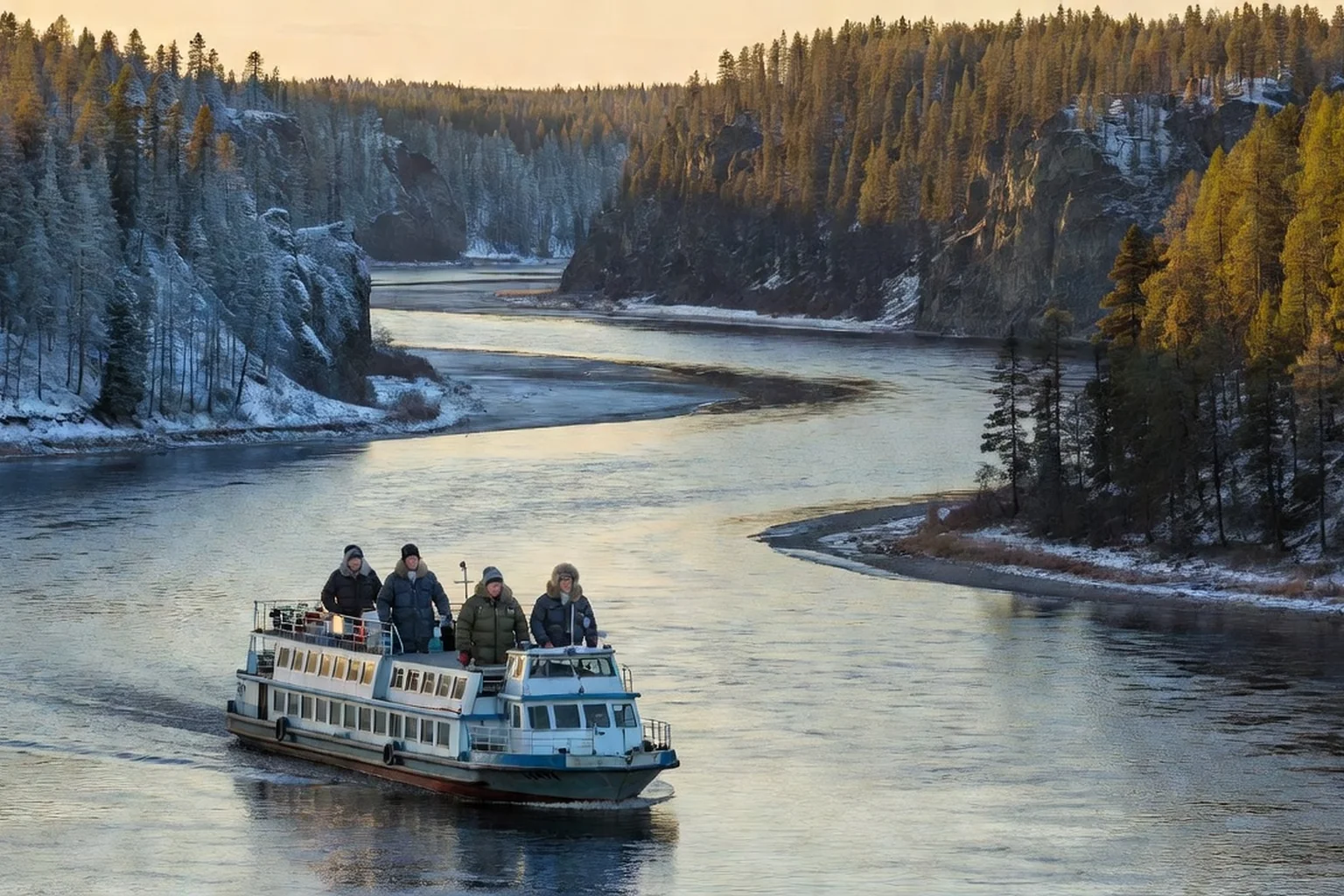 Bateau de croisière sur une anse du fleuve Lena en Yakoutie, entre falaises boisées de taïga