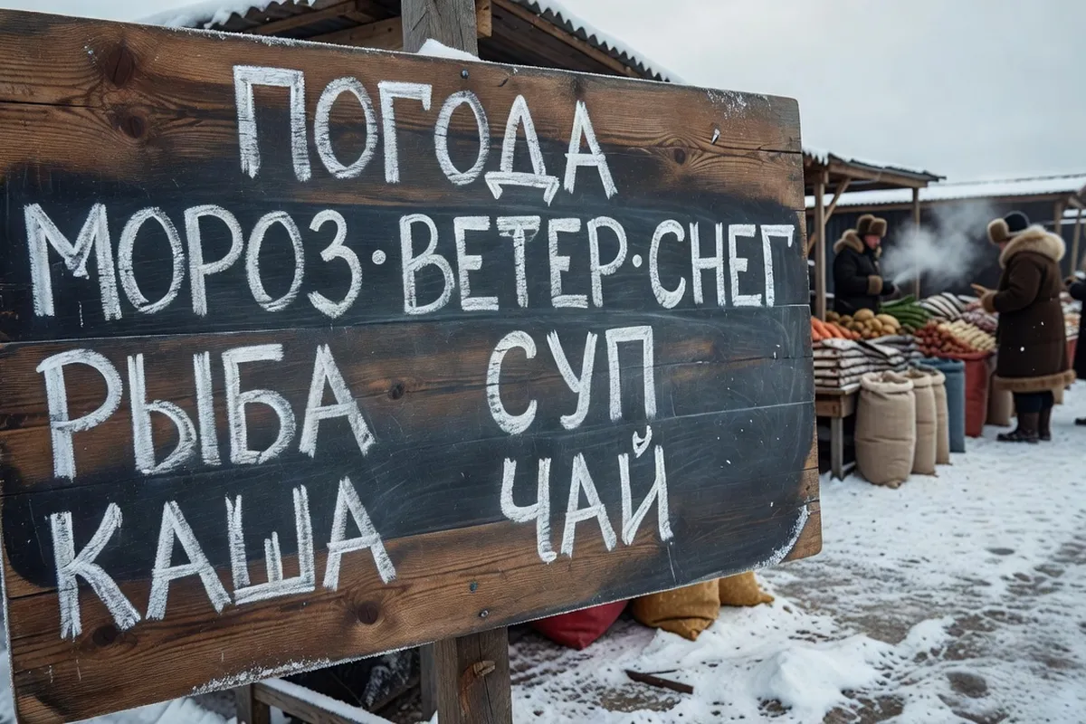 Mots russes écrits à la craie sur un tableau en bois dans un marché du Grand Nord, termes météo et alimentaires en cyrillique