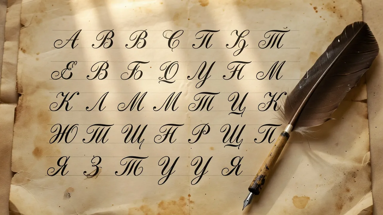 Alphabet cyrillique sur papier ancien avec une plume calligraphique, lumière dorée chaude, style éducatif