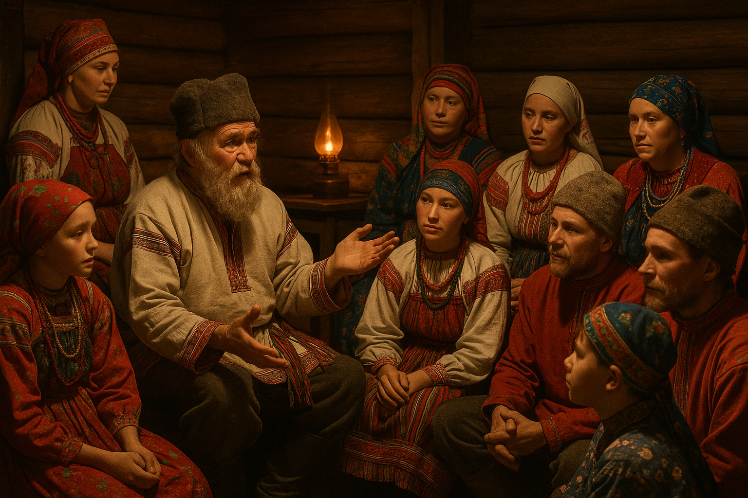 Famille komis en costume traditionnel autour d'un conteur dans une maison en bois