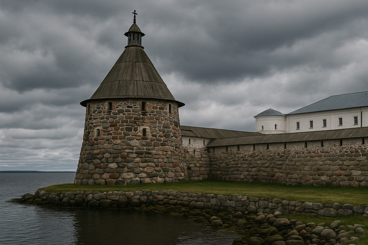 Tour de guet et remparts du monastère de Solovki sous un ciel nuageux