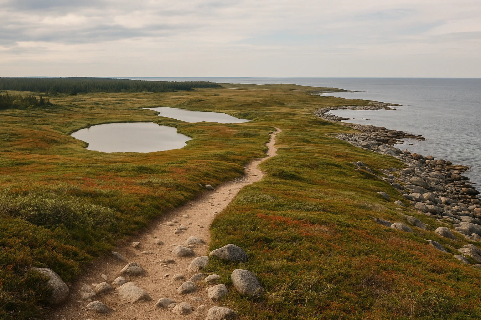 Sentier côtier de l'archipel de Solovki avec vue sur les lacs intérieurs et la toundra