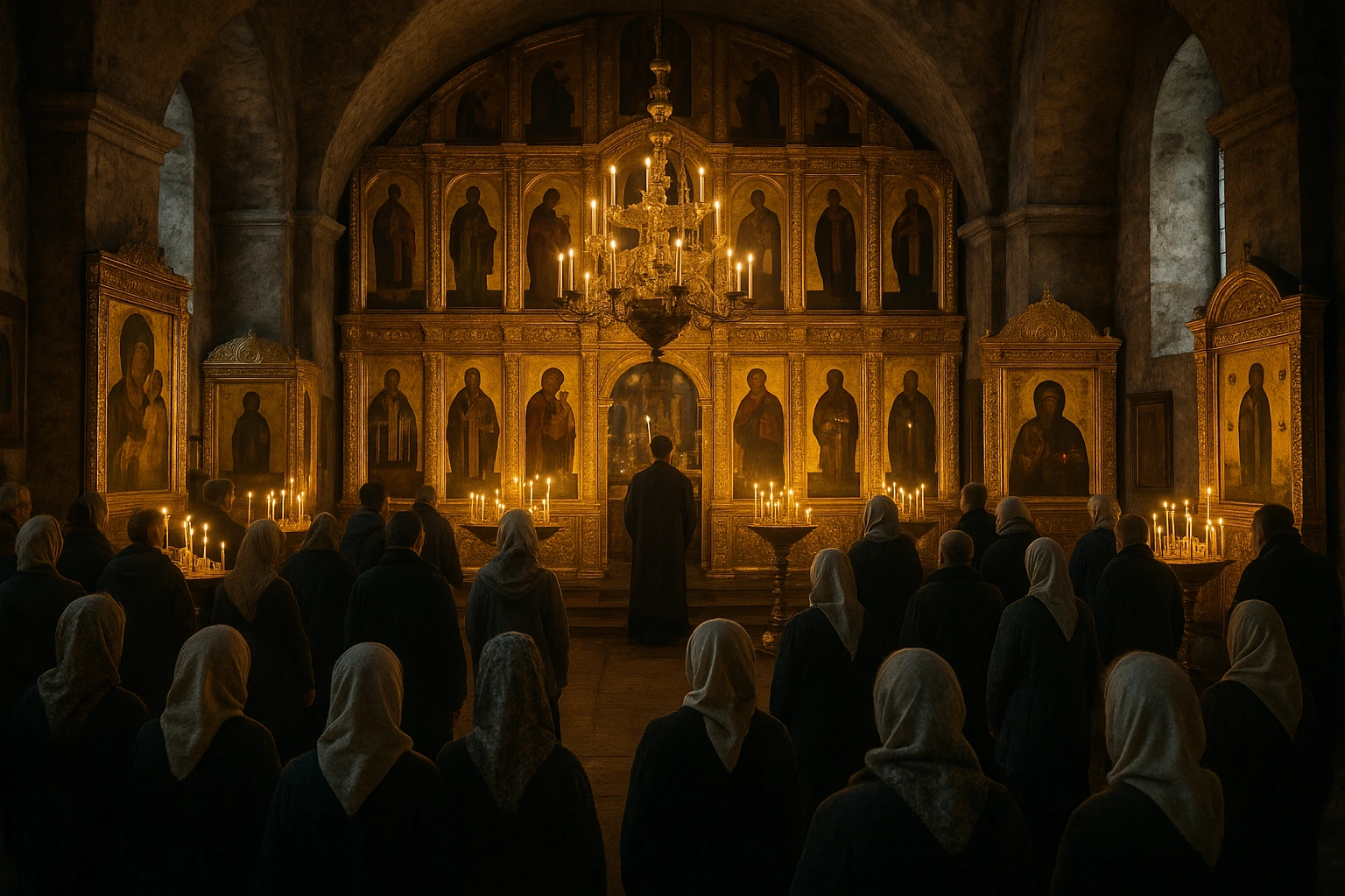 Intérieur d'une cathédrale de Solovki avec des fidèles assistants à l'office orthodoxe