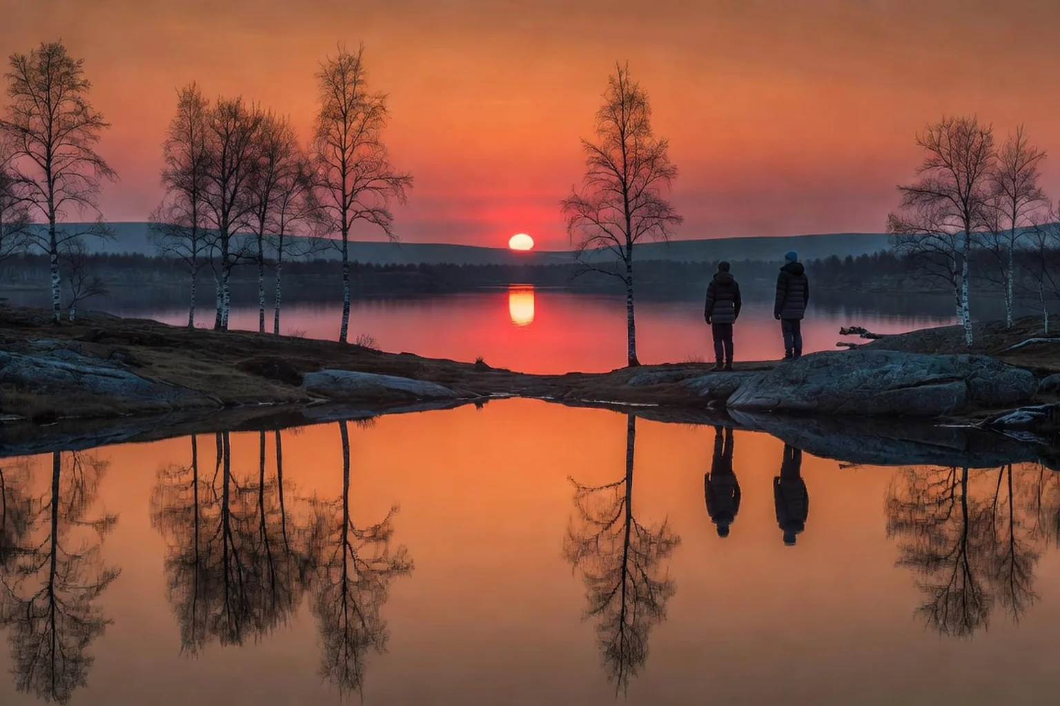 Soleil de minuit rougeoyant rasant l'horizon au-dessus d'un lac calme entouré de bouleaux, en Laponie russe près de Mourmansk