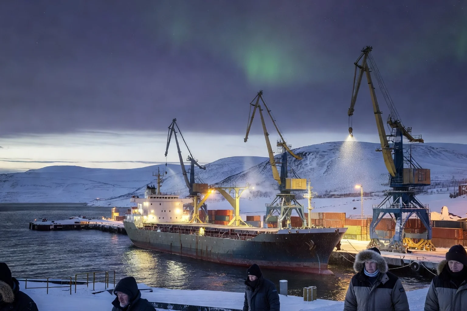 Port de Mourmansk au crépuscule polaire, navire de fret et grues sous un ciel d'aurore boréale
