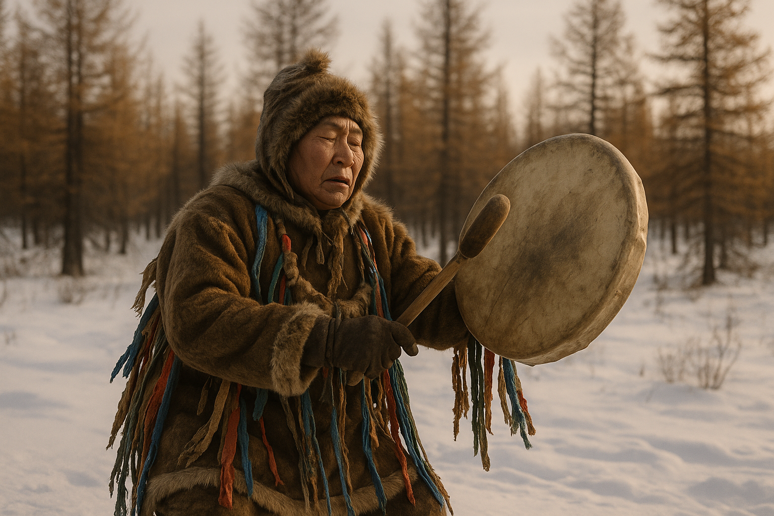 Chaman sibérien en costume traditionnel avec tambour et rubans dans une forêt de mélèzes en Yakoutie