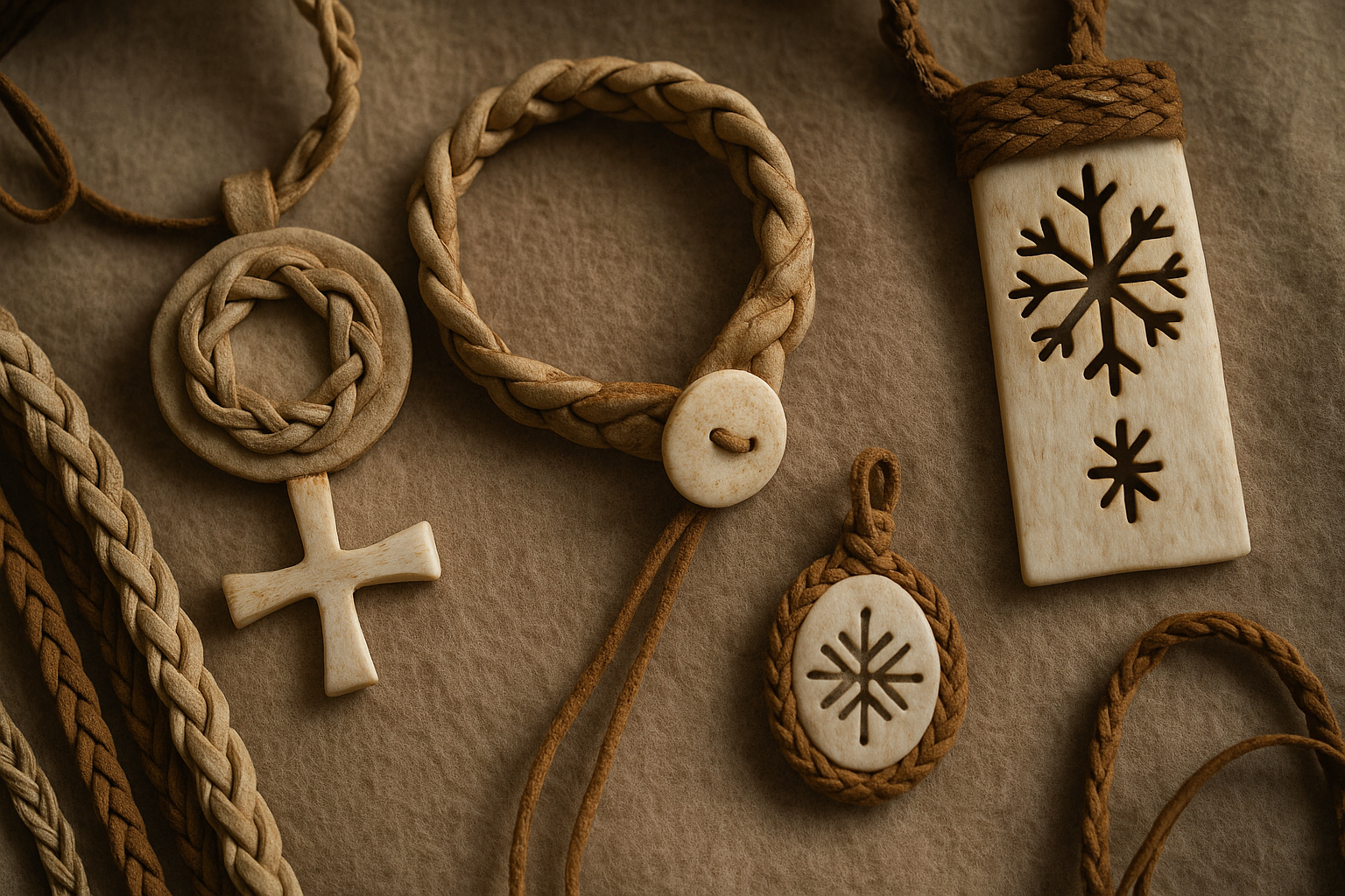 Artisanat arctique : tresses de cuir, ornements d'os et de bois de renne disposés sur une fourrure