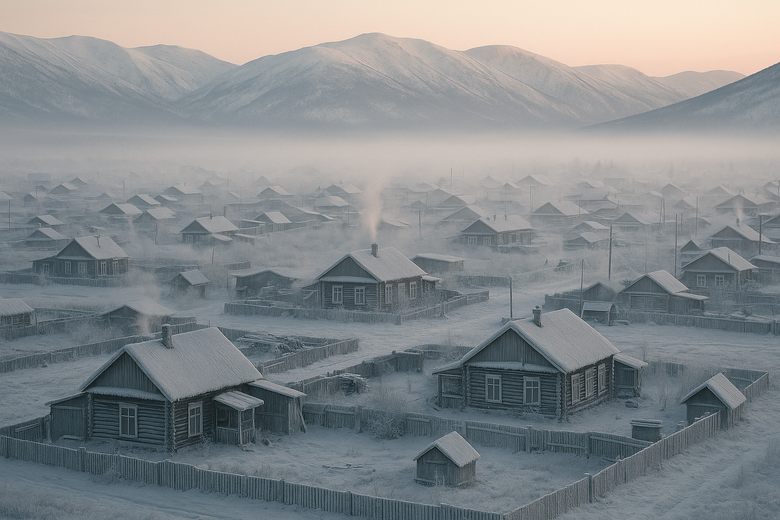 Village d'Oymyakon en Sibérie au lever du jour, maisons en bois recouvertes de givre