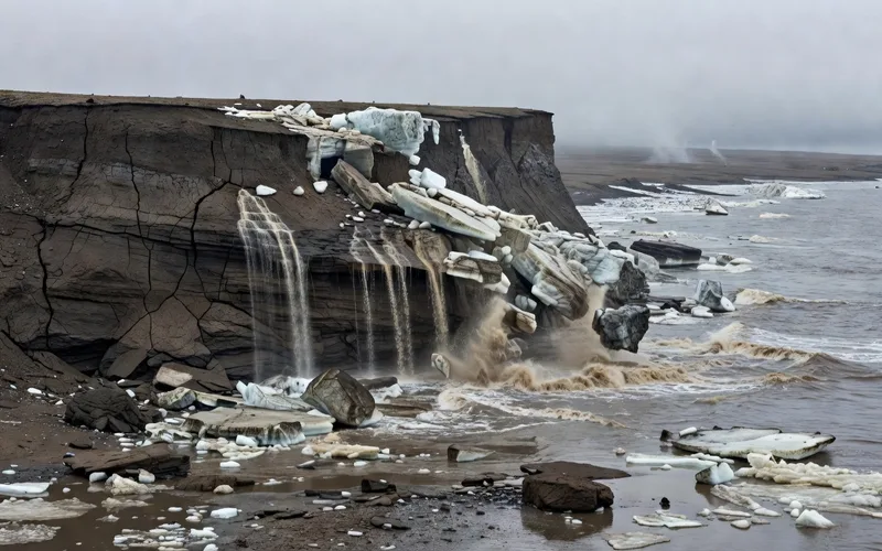 Falaise de permafrost en train de s'effondrer dans une riviere siberienne, revelant des couches de terre gelee millenaies