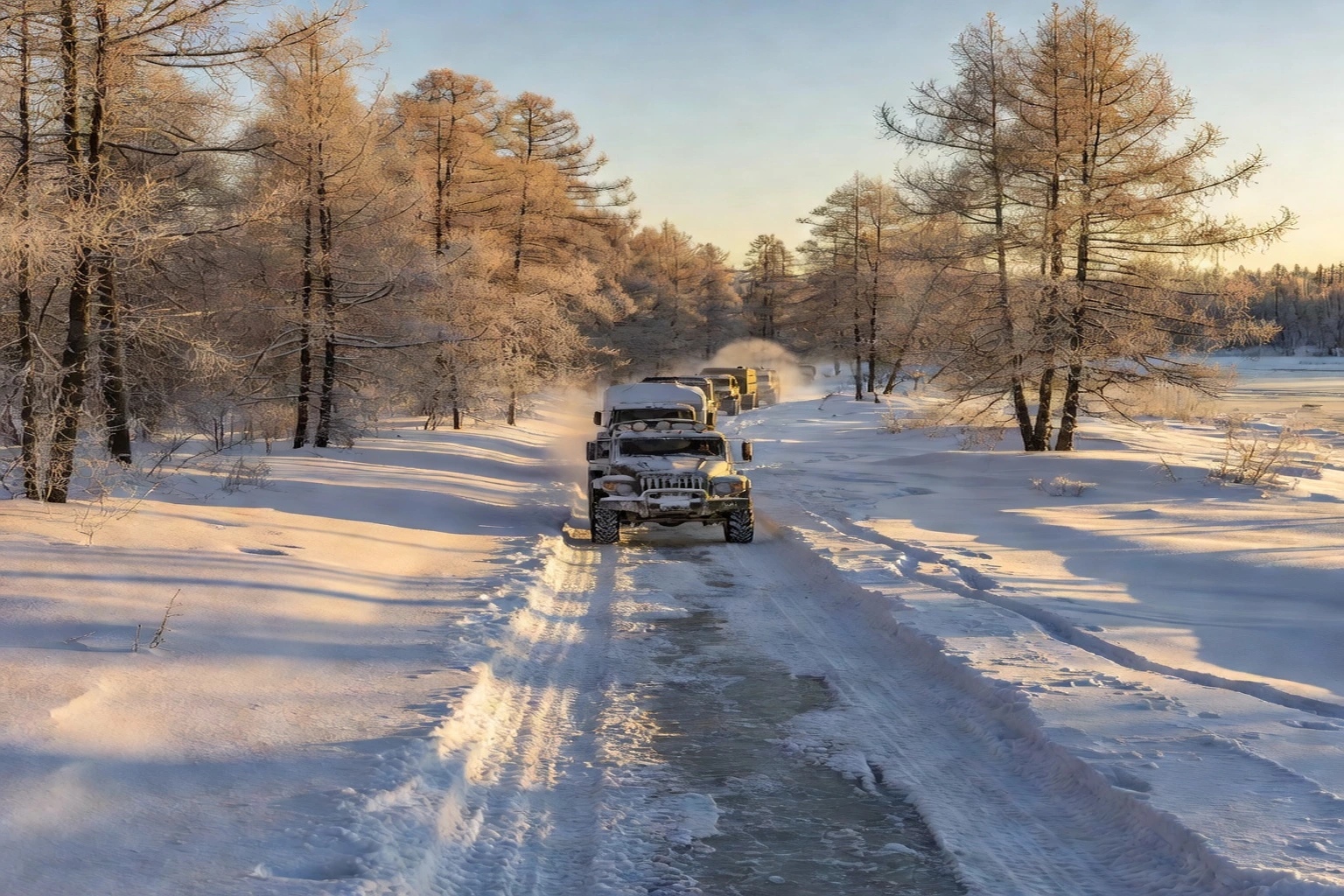Camions et 4x4 sur une piste enneigée de la route de la Kolyma, entre Khandyga et le plateau d'Oymyakon