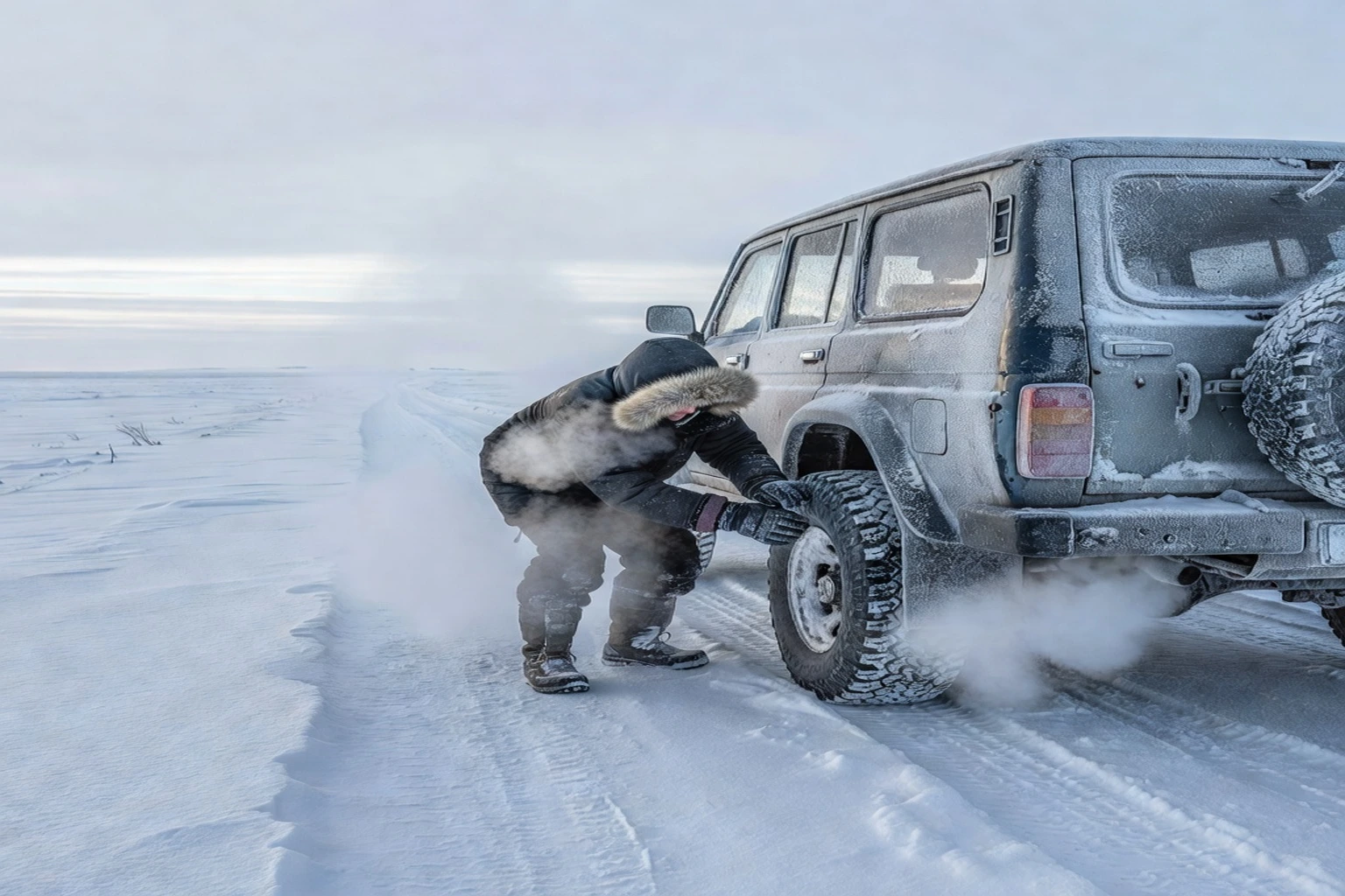 Voyageur vérifié les pneus d'un 4x4 par -40 °C sur un zimnik de la route de la Kolyma