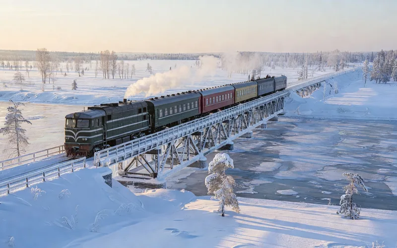 Train traversant un pont au-dessus d'une riviere sauvage dans la taiga siberienne sur la ligne BAM