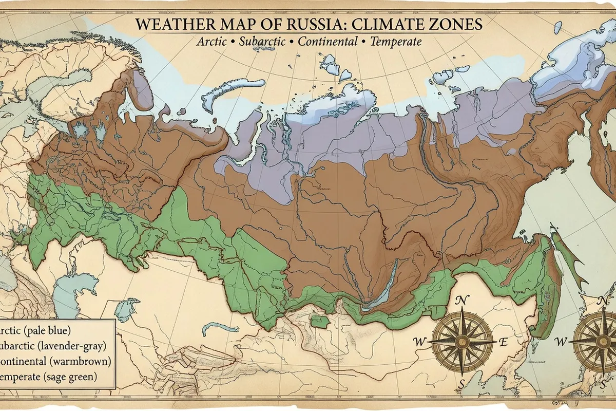 Carte des zones climatiques de Russie avec les régions arctique, subarctique, continental et subtropical