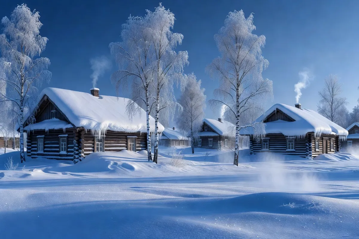 Village russe enneigé en plein hiver sibérien, maisons en rondins sous une épaisse couche de neige à -40°C