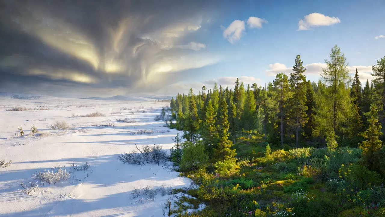 Panorama des zones climatiques de Russie : toundra arctique enneigée et forêt boréale en été