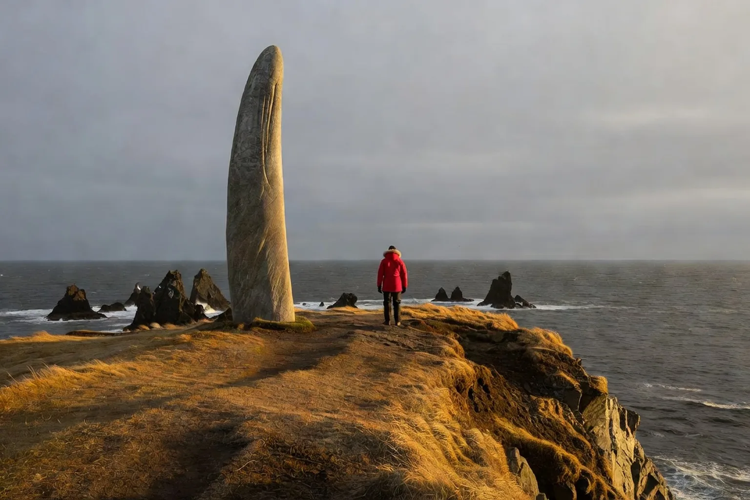 Cap Dejnev à l'extrémité orientale de l'Eurasie : falaise de toundra battue par le vent dominant le détroit de Béring, monument en forme de défense de morse
