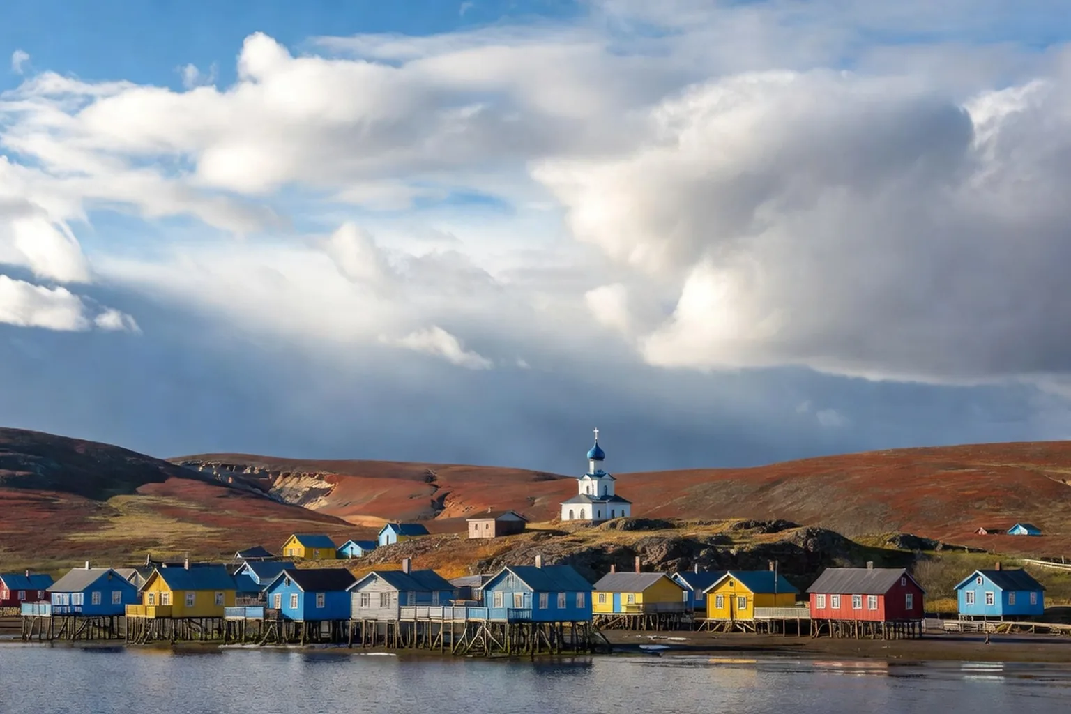 Baie d'Anadyr en Tchoukotka : maisons colorées sur pilotis au-dessus des vasières, église orthodoxe à dôme bleu et collines de toundra rouge