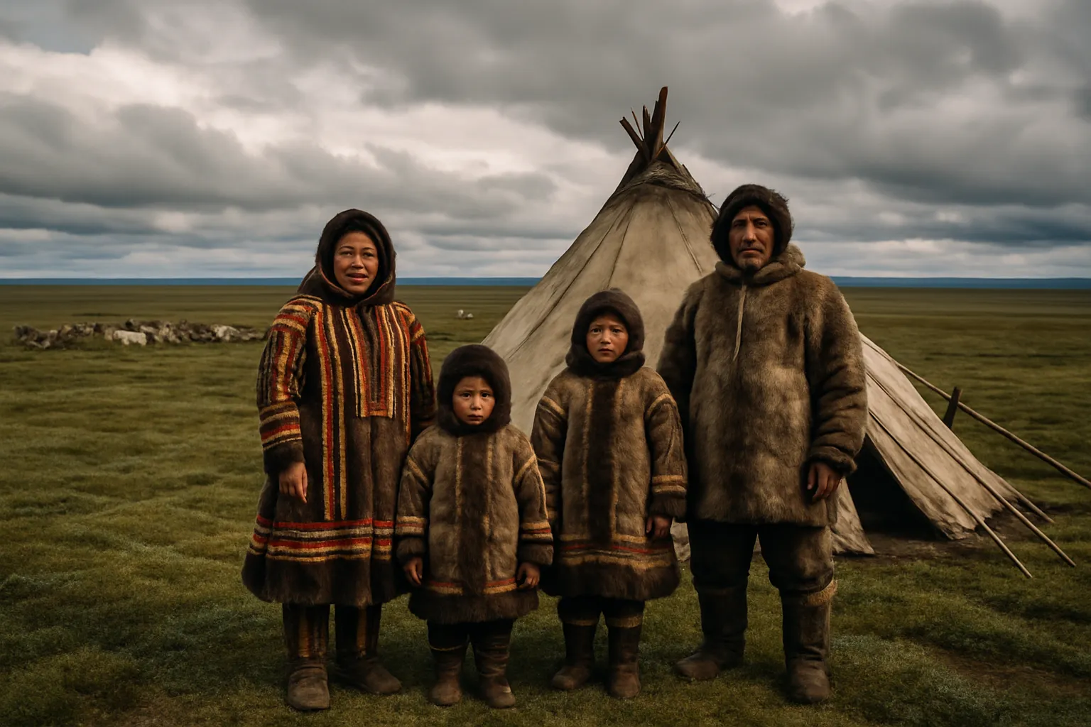 Famille tchouktche pres de leur yaranga traditionnelle dans la toundra arctique de Tchoukotka avec un troupeau de rennes