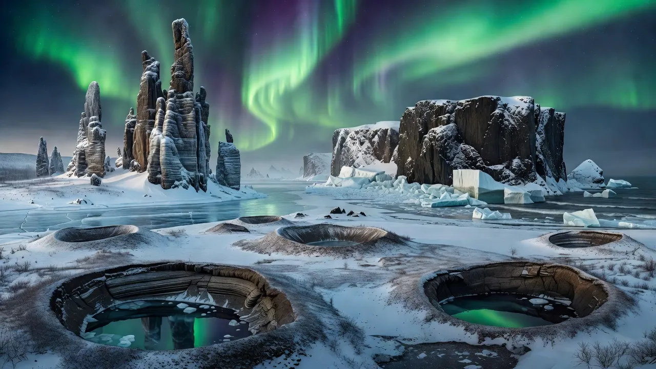 Composite panoramique des merveilles du Grand Nord russe : piliers Léna, permafrost, aurores boréales, lac gelé