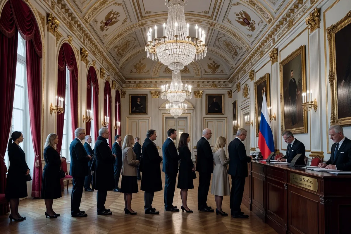 Intérieur de l'ambassade de Russie à Paris, architecture officielle, personnes attendant pour le visa