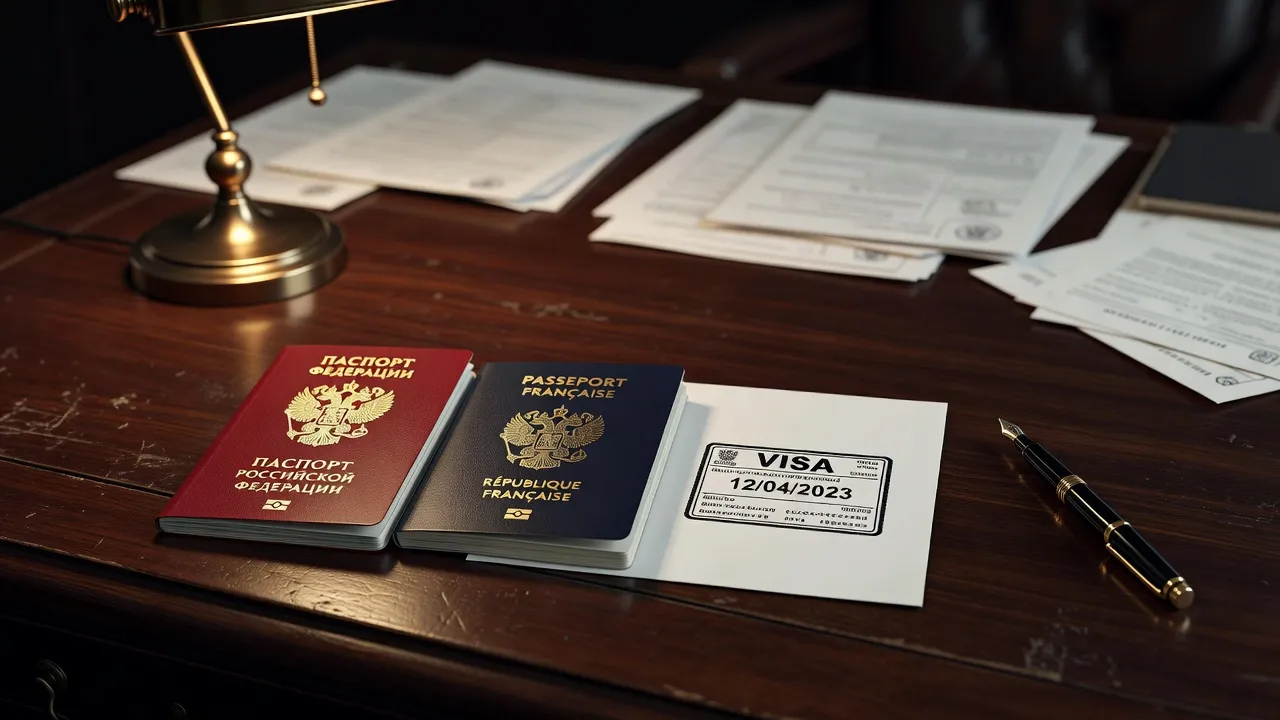 Passeport russe et passeport français côte à côte avec un tampon de visa, documents officiels sur bureau en bois