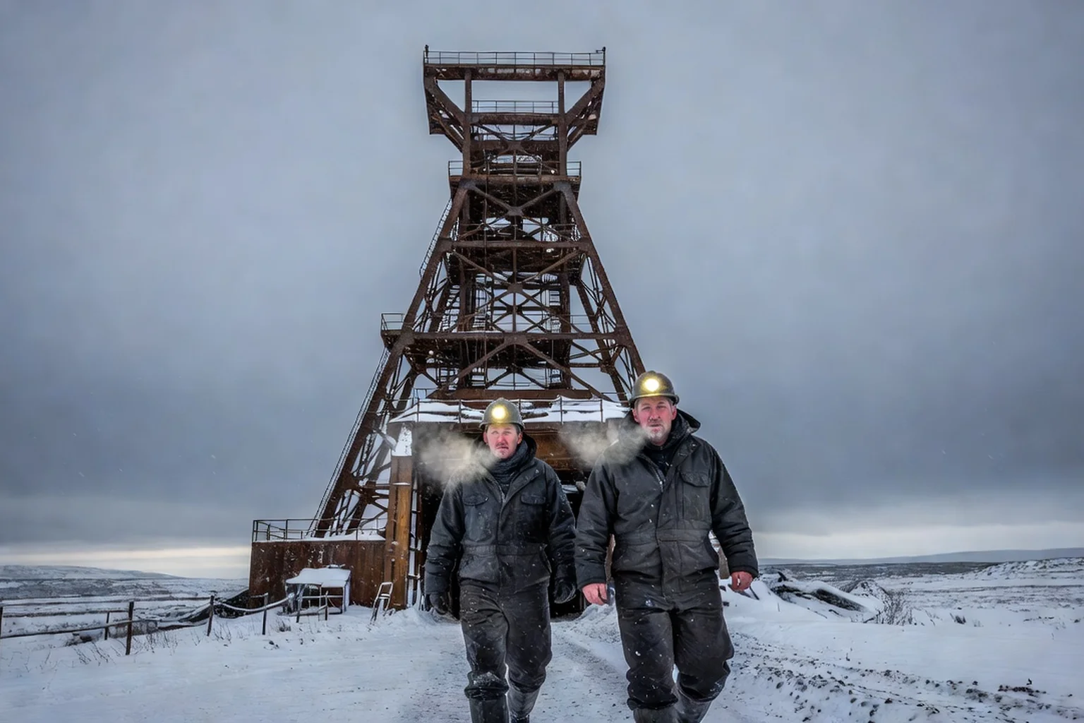 Chevalement de mine de Vorkouta sous la neige, deux mineurs en casques à lampes frontales marchant vers l'entrée de la mine, froid polaire