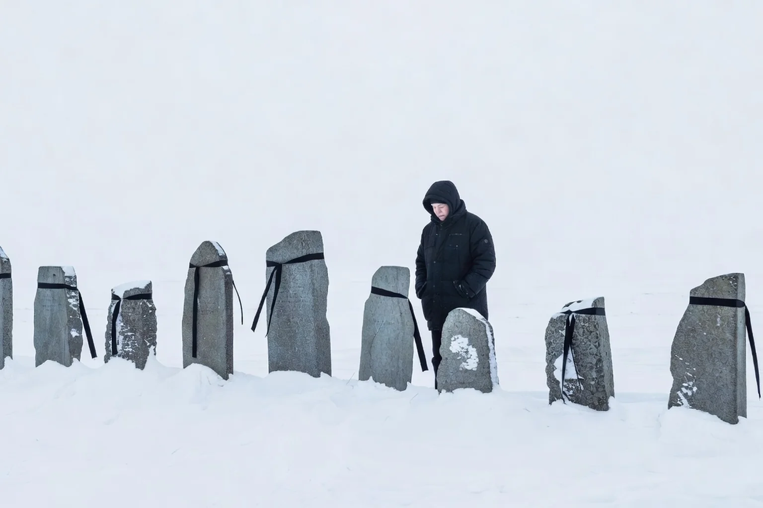 Mémorial du Goulag près de Vorkouta, pierres dressées et rubans funéraires sous un ciel d'hiver blanc, visiteur en manteau sombre se recueillant devant les stèles