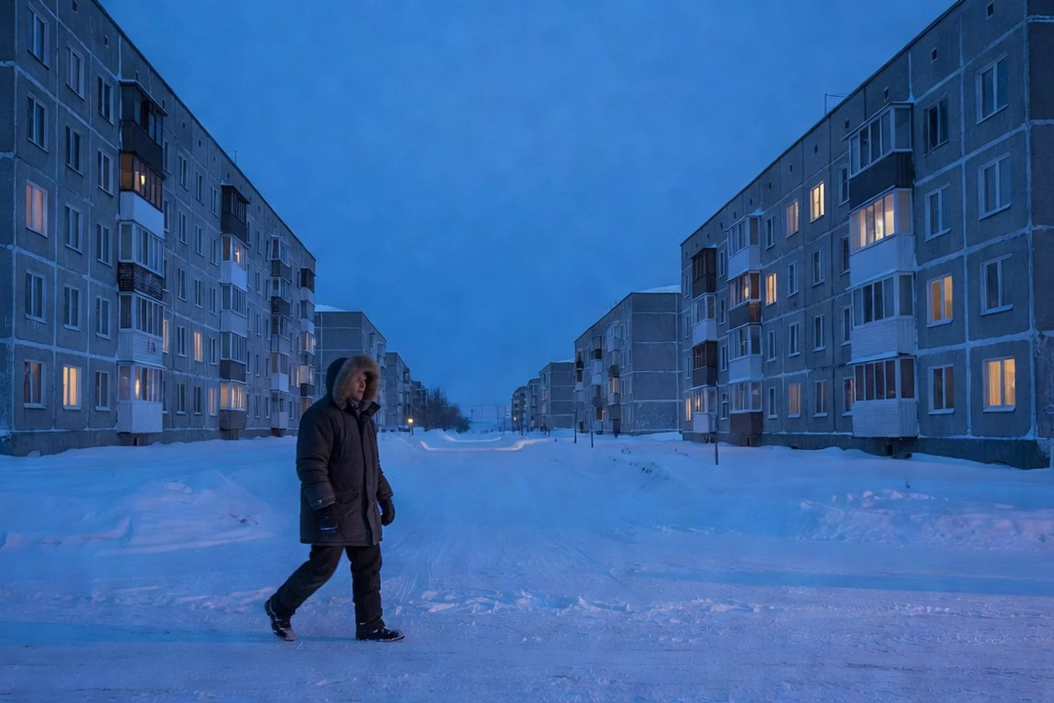 Fin de journée polaire à Vorkouta, rue entre immeubles aux fenêtres éclairées, passant en habit d'hiver traversant la rue enneigée sous une lumière crépusculaire bleue