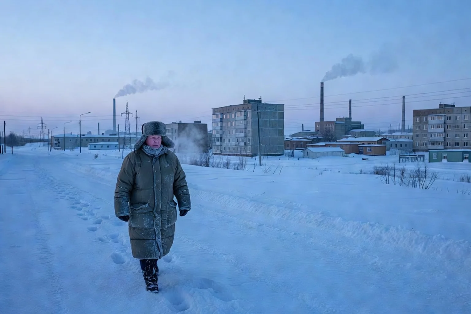 Vorkouta au crépuscule polaire, immeubles soviétiques enneigés et cheminées minières, passant en manteau d'hiver