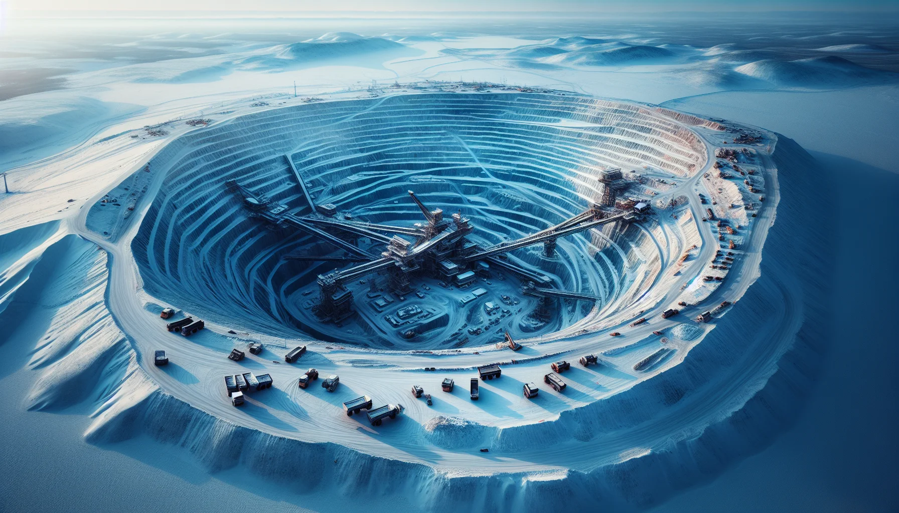 Vue aerienne de la mine de diamants Mir en Yakoutie, un cratere immense pres de la ville de Mirny